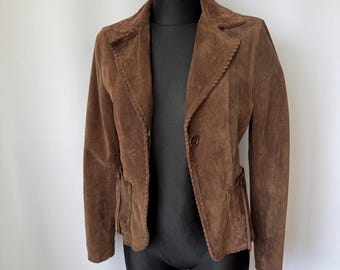 Nadine Brown Suede Jacket | Vintage Italian Fitted Biker Blazer | 90s Cowboy Style Leather Jacket Y2K | Size 42 Made in Italy