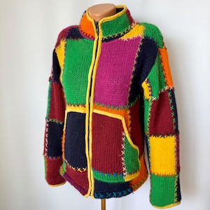 Chaqueta de punto vintage con patchwork Lotus Gecko / Chaqueta estilo boho con forro polar, Nepal M