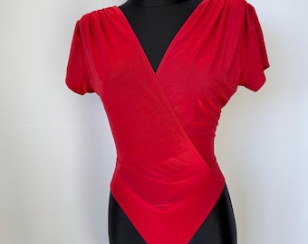 Ritter Deadstock Vintage Red Wrap Bodysuit | Tactel Dance Leotard V-Neck Made in Germany 40
