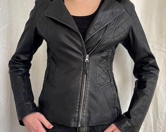 Vintage 1990's Short Black Leather Zippered Jacket With Belt and
