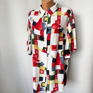 BS Collection Vintage Blouse Bright Multi-Colored Geometric Abstract Pattern Print White Button-Down Shirt 90s Oversized Fit Viscose