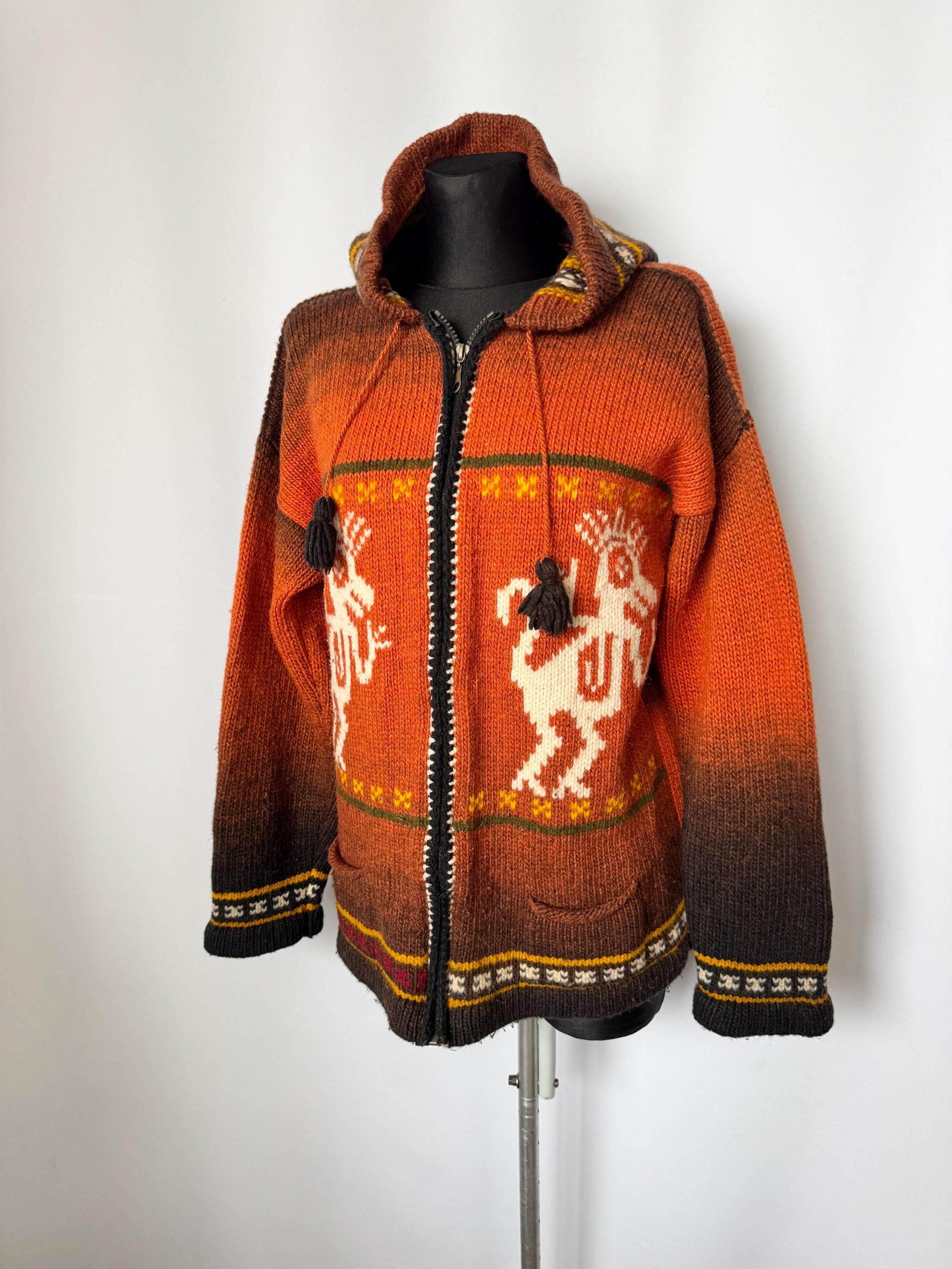 Ecuador Knitwear Peaked Hood Knit Jacket | Orange & Black Boho