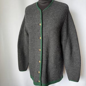 Lanamoden Salzburg Charcoal Grey Cardigan with Green Trim Vintage Austrian Tyrolean Wool Sweater, Edelweiss Motif, Traditional Tracht Knit