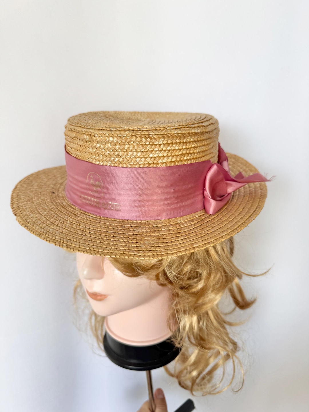 Vintage Straw Summer Canotier Boater Hat With Pink Ribbon  display picture 1