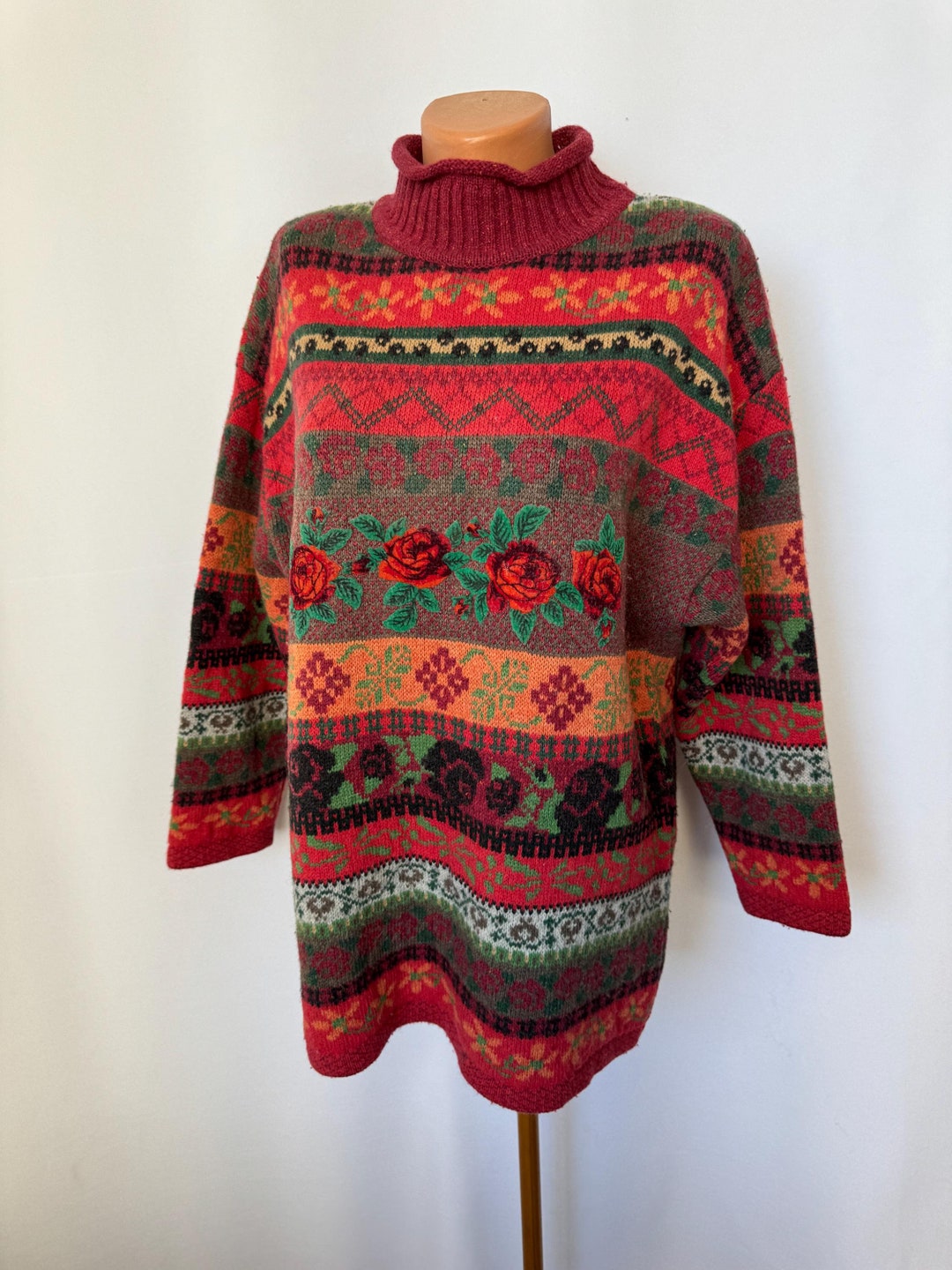 Vintage Penny Pull Multicolored Embroidered Striped Wool Angora