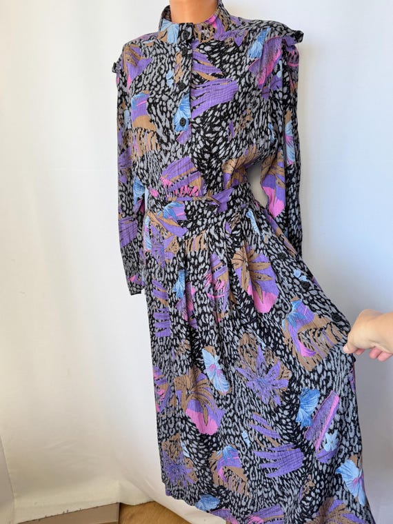 Richard Robert's Vintage Midi Dress | Purple Lilac Floral Viscose Pleated Long Sleeve | 80s 90s Made in England | Fits US Medium Richard Robert's Vintage Midi Dress | Purple Lilac Floral Viscose Pleated Long Sleeve | 80s 90s Made in England | Fits US Medium