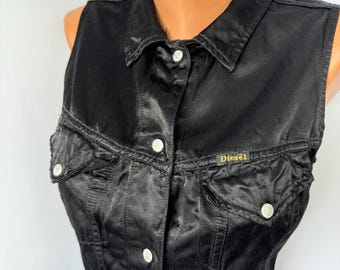 Vintage 90s Y2K Diesel Black Satin Sleeveless Top Blouse