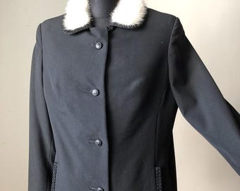 Vintage 60s 70s Black Wool Coat with White Mink Fur Collar, Retro Royal Exclusive Jacket