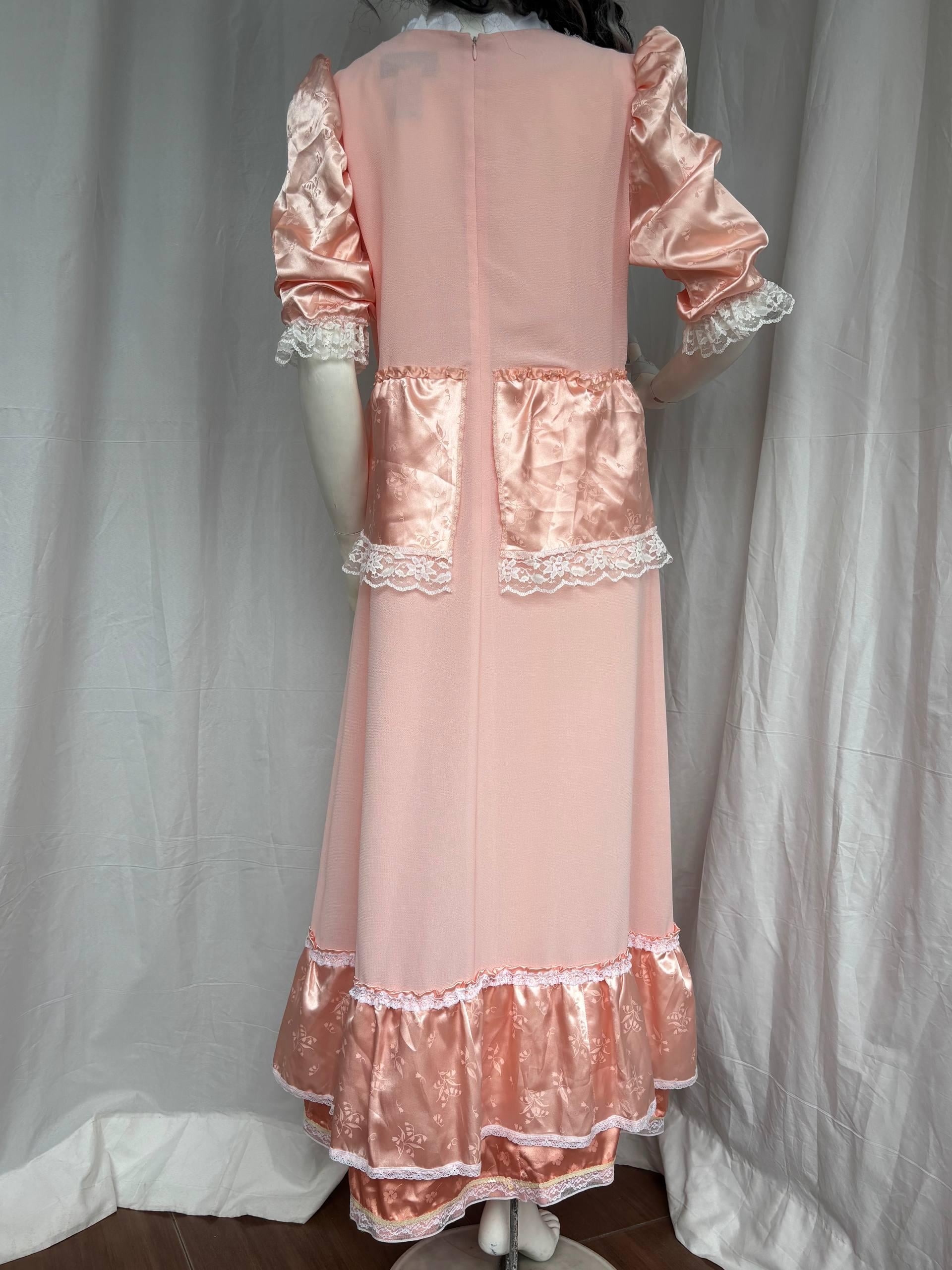 Vintage Jessica Howard Maxi Dress | Peach Pink Lace Trim Princess Gown | 80s 90s Cottagecore Romantic Long Retro Dress