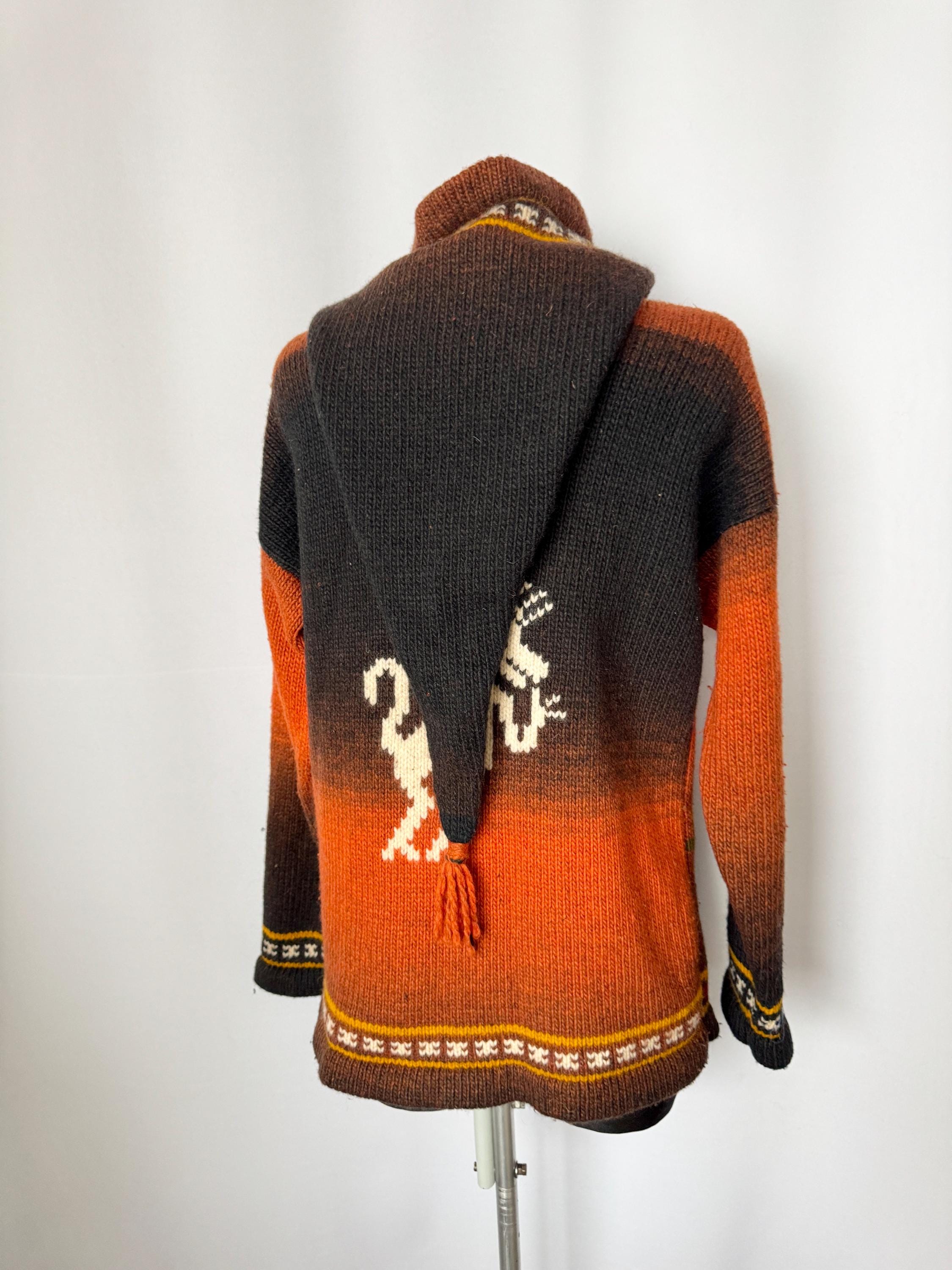 Ecuador Knitwear Peaked Hood Knit Jacket | Orange & Black Boho 