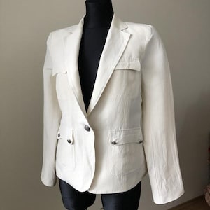 Gerard Darel Vintage Linne- och Sidenkavaj | Mjölkvit Safarijacka | Sommarkavaj i Kolonialstil, figurnära | Storlek EU 42