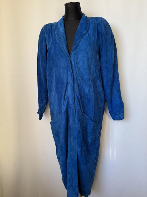 Cerruti 1881, Cerruti 1881 Vintage 80s Blue Suede Trench Coat | Accent Shoulders