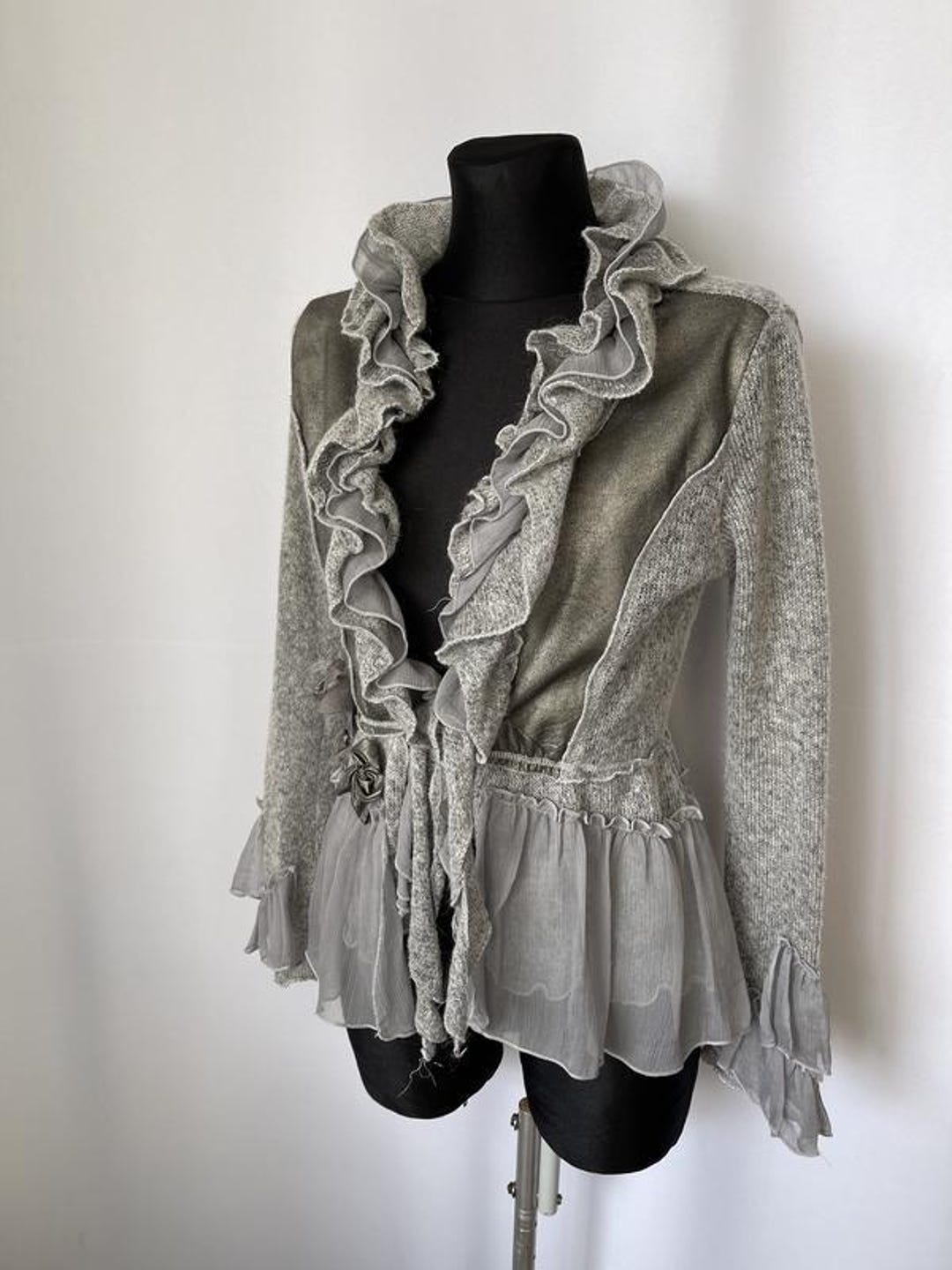Lissa Paris Romantic Cardigan, Tie Front Gray Knit With Chiffon
