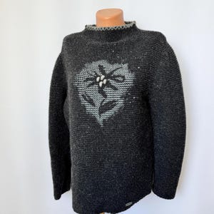 Giesswein Pure Wool Sweater | Austrian Alpine Edelweiss Knit Pullover Oktoberfest | Charcoal Gray Chunky Knit | Made in Austria | Size 36