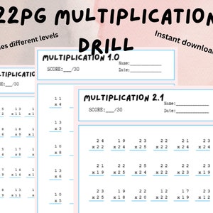 May include: A printable worksheet for multiplication practice. The worksheet is divided into two sections, labeled "Multiplication 1.0" and "Multiplication 2.1". Each section has 30 multiplication problems, with a score box at the top. The worksheet is designed for students to practice their multiplication skills.