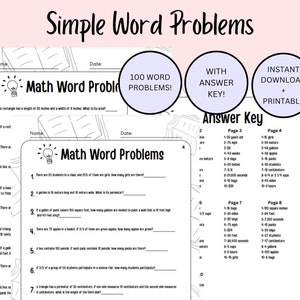 May include: A printable worksheet with 100 maths word problems for children. The worksheet is divided into 10 sections, each with a different word problem. The worksheet also includes an answer key.