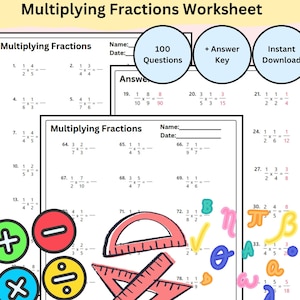 Hoja de trabajo de multiplicación de fracciones Actividad de fracciones básicas comunes de 4.º, 5.º y 6.º grado Fracción de álgebra Educación en el hogar Descarga instantánea PDF imprimible