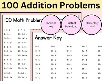 100 Addition Problems Worksheet Kindergarten 1st Grader 2nd Grade | Instant Downloadable PDF Printable | Math Worksheet Addition Adding Plus