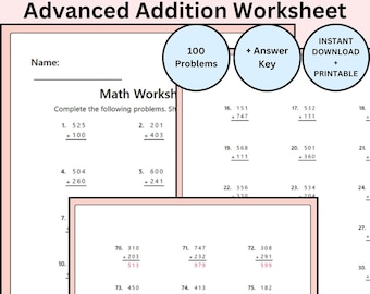Advanced Addition 3 Digit Math 2nd, 3rd, 4th, and 5th grade Elementary Math Addition Table Math Sheet Home School Resource Worksheet Kids
