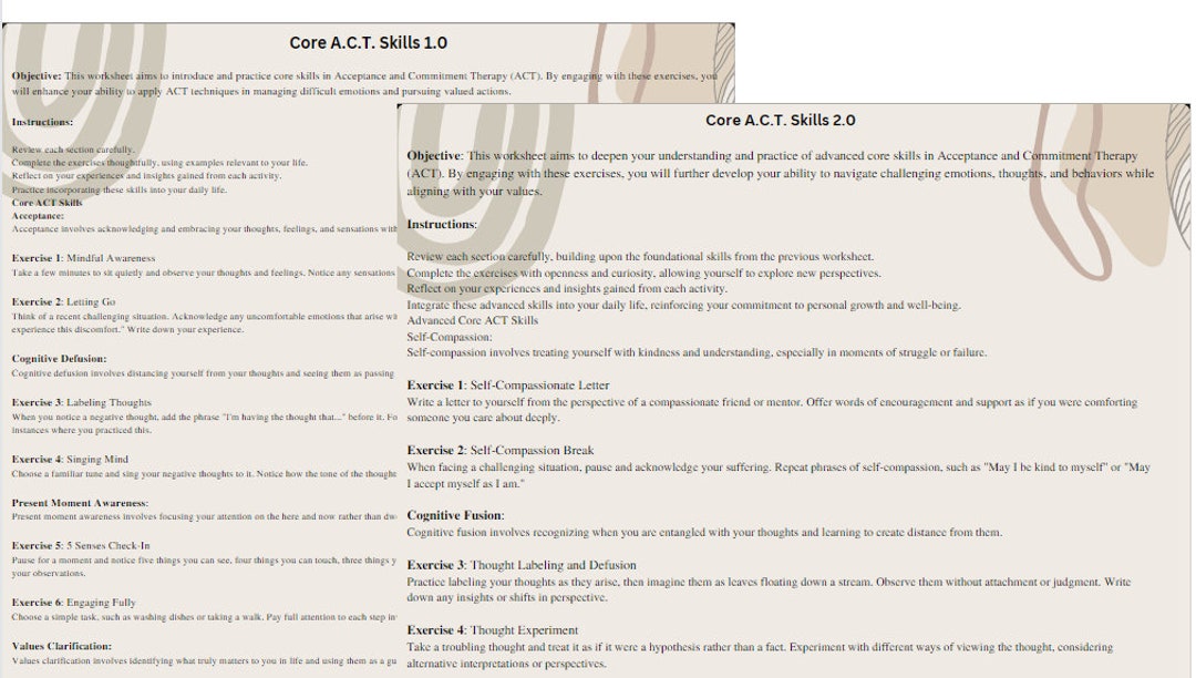 Core Act Component Core ACT Skills Therapy Technique ACT Therapy Worksheet ACT Worksheet ...