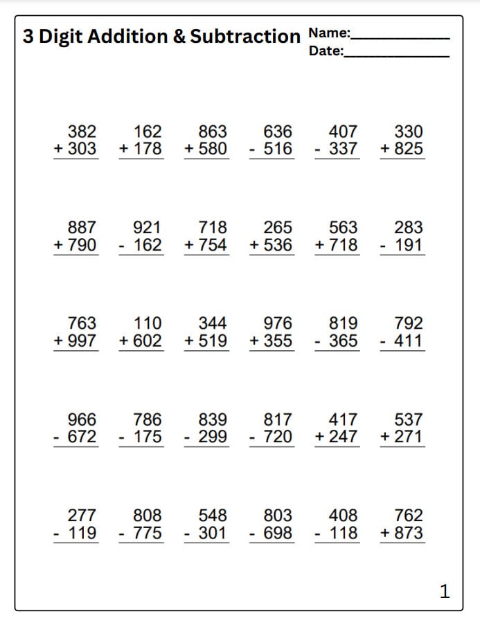 3 Digit Addition and Subtraction Worksheet 4th 5th 6th 7th Grade ...