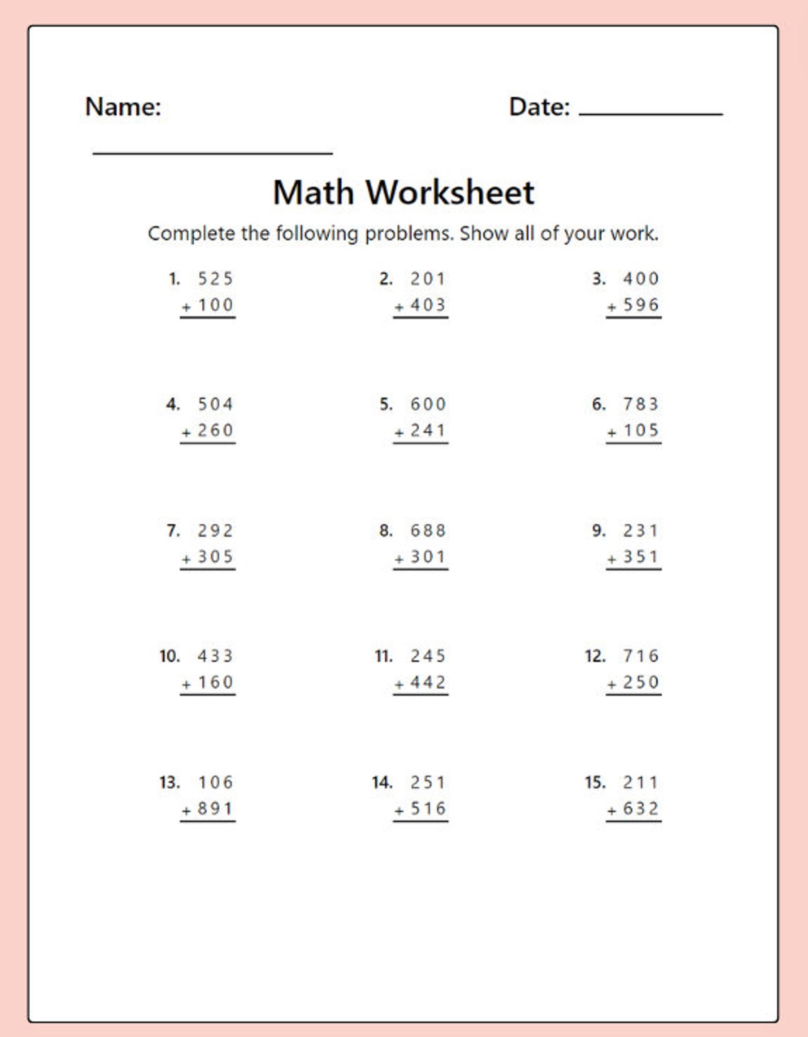Advanced Addition 3 Digit Math 2nd, 3rd, 4th, and 5th Grade Elementary ...