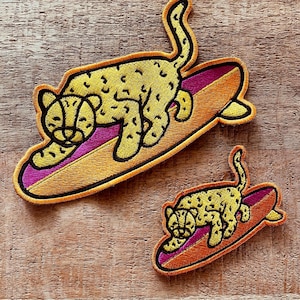 Iron-on embroidered XXL patch &quot;Leopard Surfer&quot; - 17 cm -2 size -Surf Addiction - longoboard surf and adventure