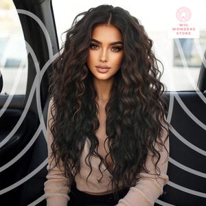 May include: A woman with long, wavy, dark brown hair. The hair has highlights and a natural look. She is wearing a light beige top. The image includes the text "Wig Wonders Store" in a circular logo.