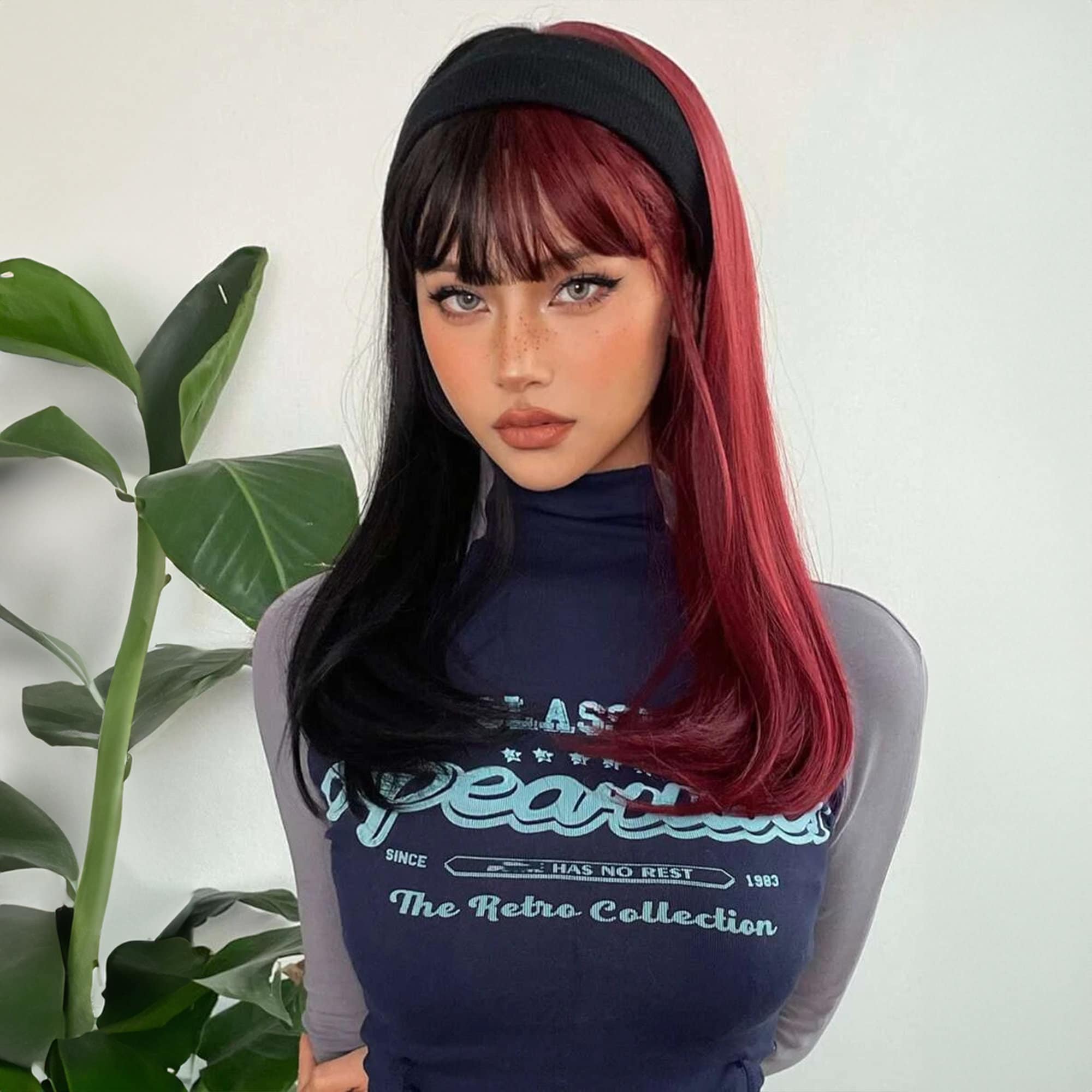 Half Wig - Red and Black 100% Human Hair Half Black & Orange Red Natural Wavy Lace  main image 3