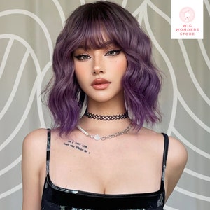 Womens Wigs, Short Bob Wig, Wigs, Bob,  Wavy Hair, Curl Hair, Purple Short Wavy Hair Wigs