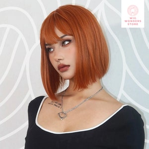 Peruca laranja, perucas bob laranja, peruca de franja curta, peruca curta, peruca sintética, peruca de cosplay, peruca de festa, perucas de Halloween