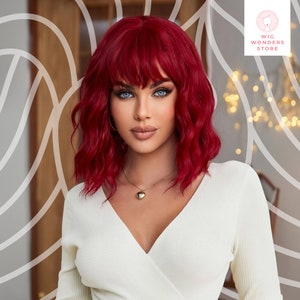 Burgundy Wavy Wig with Bangs: Short Curly Heat-Resistant Synthetic Wig