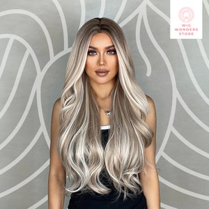 ホワイトゴールドのカーリーウェーブヘアウィッグ、ウィッグ、ブロンドオンブルウィッグ、ギフト、女性ギフト、ロングウィッグ、ゴールドウィッグ、ウェーブウィッグ