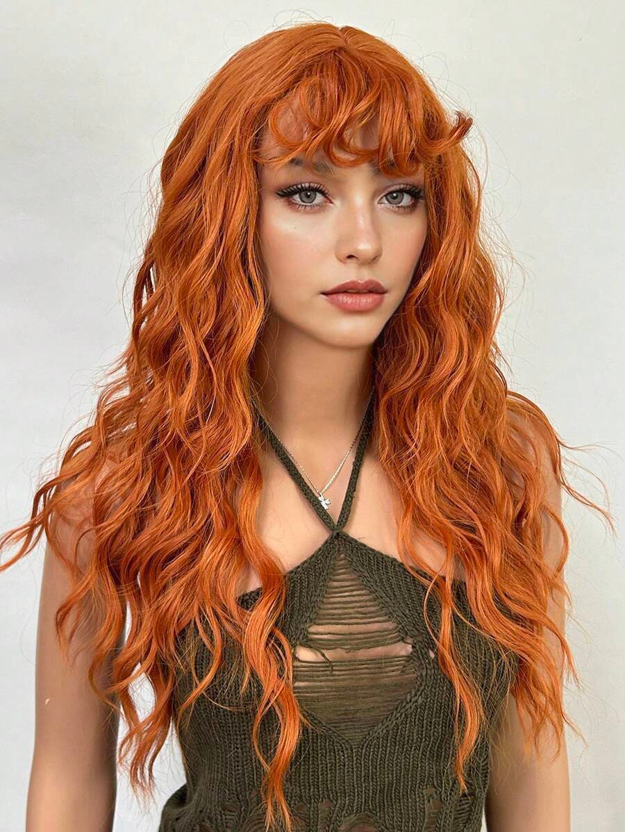 Women\'s Orange Heat Resistant Long Curly Wavy Synthetic Wig with Bangs Size 26In 26 Inch Orange Long Curly Wig With Bangs, Synthetic Material  main image 4