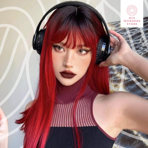 Long Red Wig With Bangs, Straight Synthetic Hair, Cosplay  display picture 1