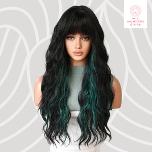 May include: Long black wig with green streaks, styled in loose waves with a side part and bangs.