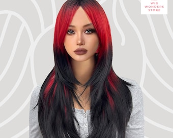 Black & Bright Red Wig, Red Wig, Long Straight Wig, Long Wig, Gift for Her, Synthetic Wig, Costume Wigs, Cosplay Wig