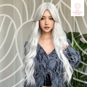 前髪付きロングカーリーホワイトウィッグ、コスプレウィッグ、パーティーウィッグ、ハロウィンウィッグ、ホワイトウィッグ
