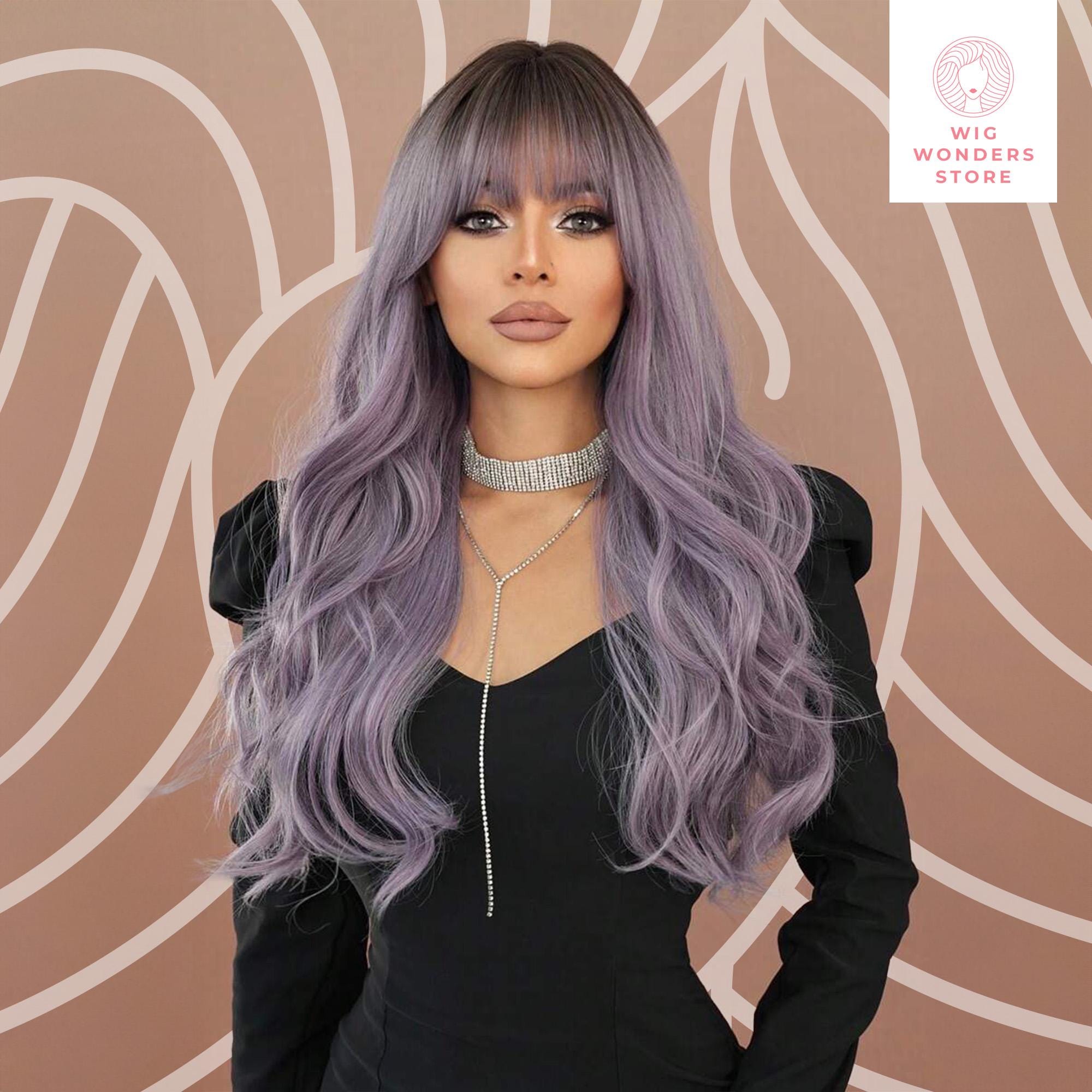 Long Wavy Purple Wig With Bangs, Heat-resistant Fiber 