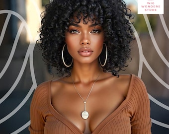Fluffy Short Black Curly Wig: Heat-Resistant Synthetic Bangs Wig