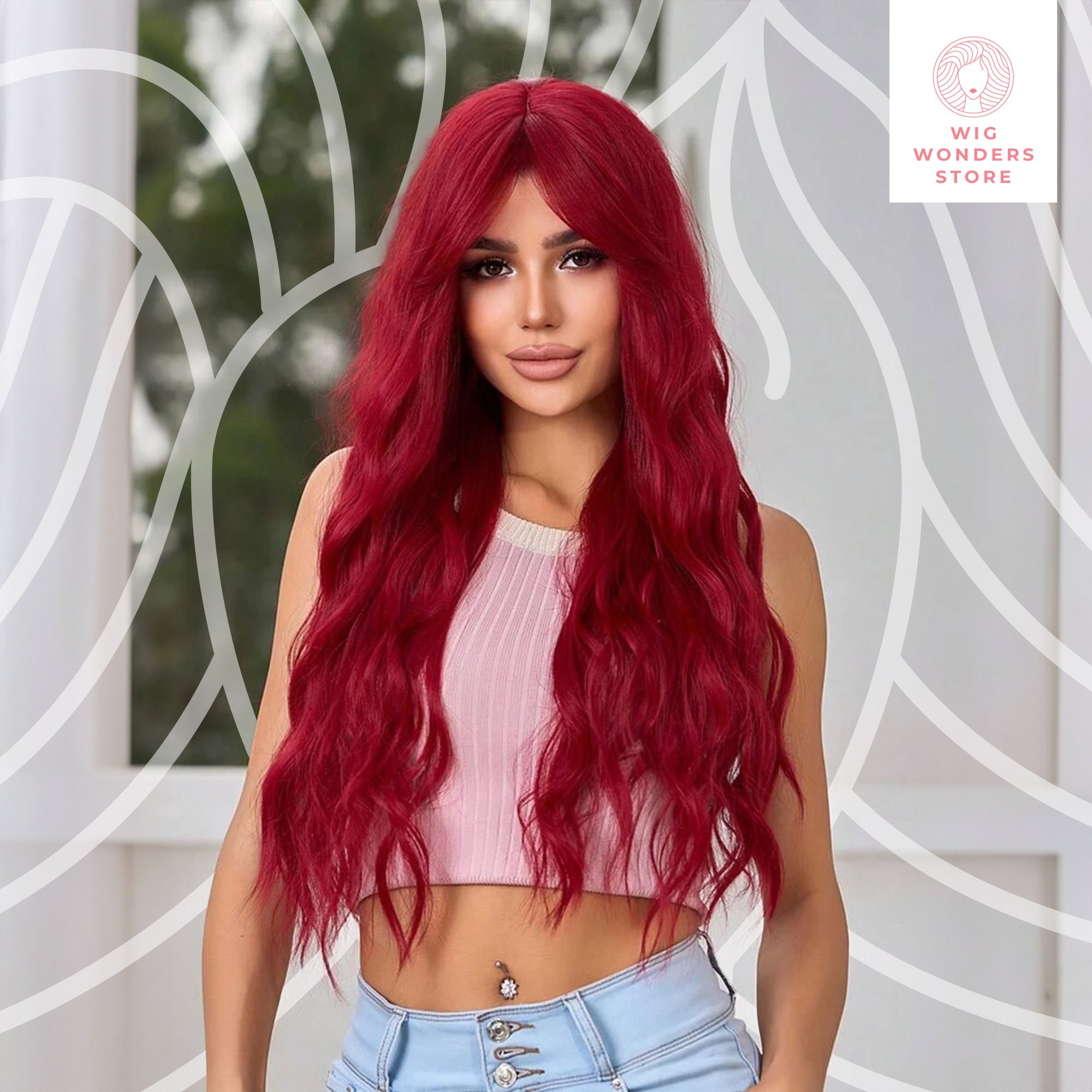 20” Synthetic Wig with Bangs – Heat Safe, Mid-Length Layered Red HENRY MARGU Ombre Red to Black Synthetic Wigs with Bangs  main image 3
