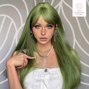 グリーンのロングストレートウィッグ、前髪付き、コスチュームウィッグ、女性用ウィッグ、女性へのギフト