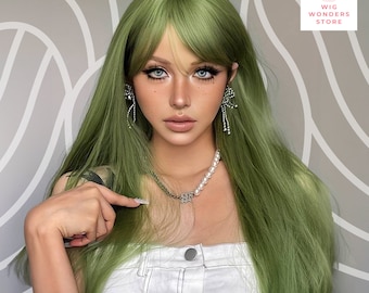 Green Long Straight Wig With Bangs, Costume Wig, Women's Wig, Woman Gift