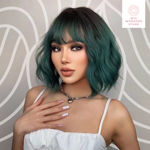 Womens Wigs, Short Bob Wig, Wigs, Bob,  Wavy Hair, Curl Hair, Green Short Wavy Hair Wigs, Green Wig