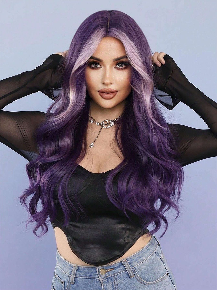 New long hair purple wig Halloween Amazon.com : ENTRANCED STYLES Long Straight Purple Wig for  main image 2