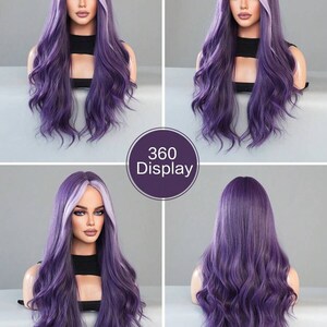 May include: A purple wig with long, wavy hair and a light purple and white streak in the front. The wig is displayed on a mannequin head, showcasing the front, sides, and back. The image includes the text "360 Display".