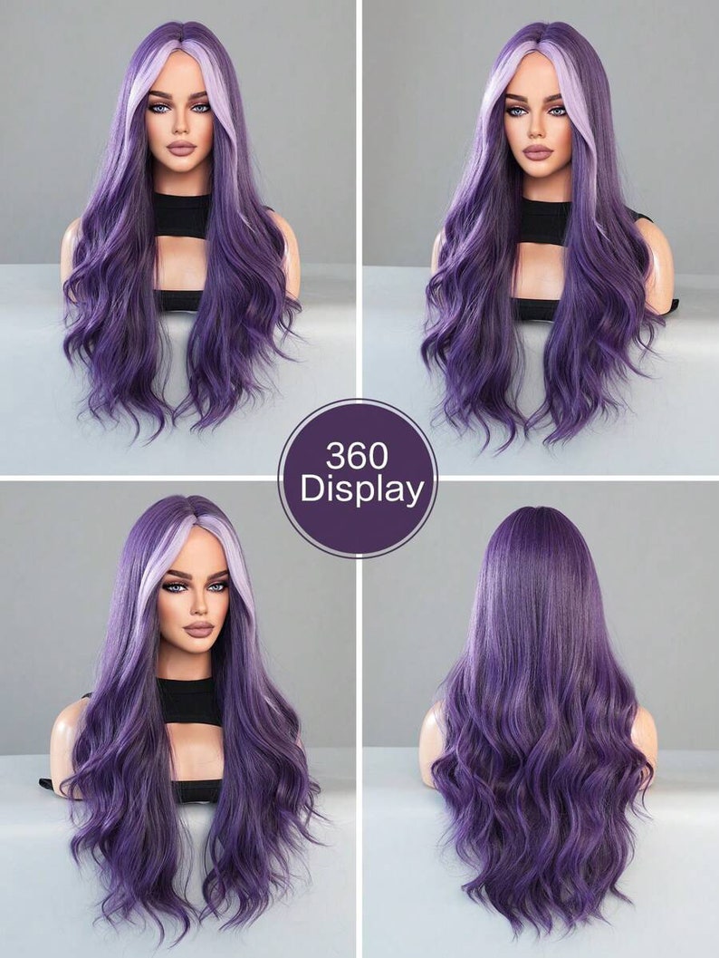 May include: A purple wig with long, wavy hair and a light purple and white streak in the front. The wig is displayed on a mannequin head, showcasing the front, sides, and back. The image includes the text "360 Display".
