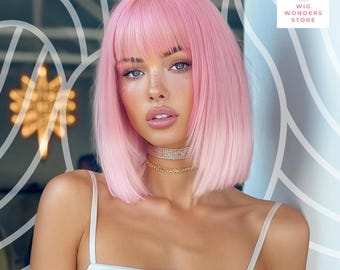 Roze ombre bob-pruik, pony, hittebestendige vezel