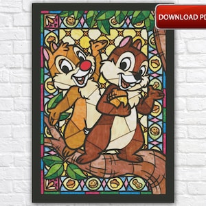 Chip And Dale Stained Glass Cross Stitch Pattern / Cartoon Cross Stitch Pattern / Mickey Mouse Cross Stitch PDF Chart / Printable Chart PDF