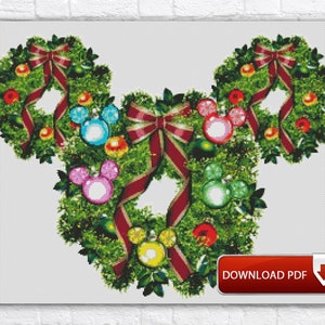 Christmas Wreath Cross Stitch Pattern / Mickey Mouse Cross Stitch Pattern / Cartoon PDF Cross Stitch Chart / New Year Printable PDF Chart